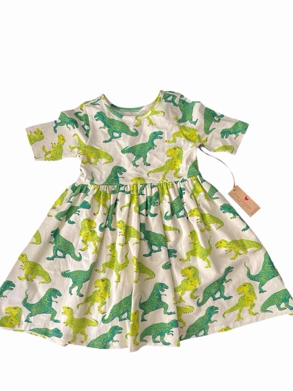 NWT 12 Pink Chicken Steph Dress Sunny Cotton T-Rex Dinosaur Dino trex twirl